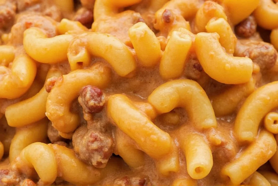 Close-up view of steak n shake chili mac showing the layered structure of pasta, cheese sauce, and chili