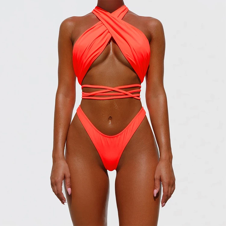 

Fluorescent Color Women Swimwear Sexy String Halter Bikini Bathing Suit Set Two Piece Swimsuits, Orange / silver / fluorescent green