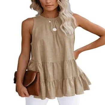 

2021 Summer Tops New Fashion Women's T Shirt Patchwork Ruffle Sleeveless O Neck Loose Casual Vacation Ladies T Shirt