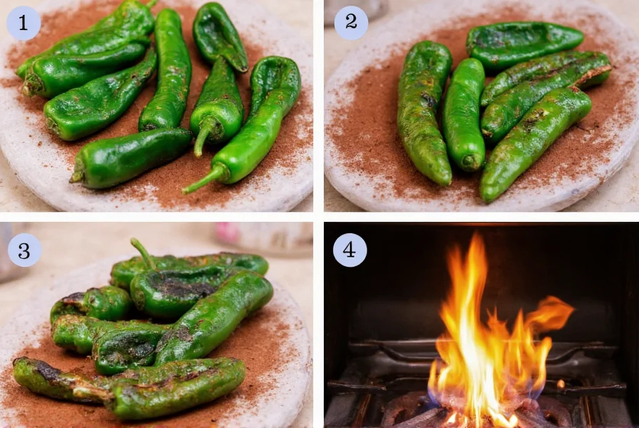 Step-by-step process of roasting poblano peppers over gas flame for authentic chili relleno preparation
