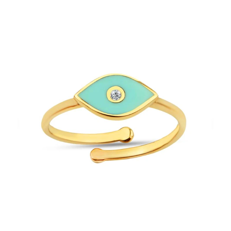 

fashion jewelry 925 sterling silver eye rings green enamel oil drip eye zircon adjustable gold plated open rings for women