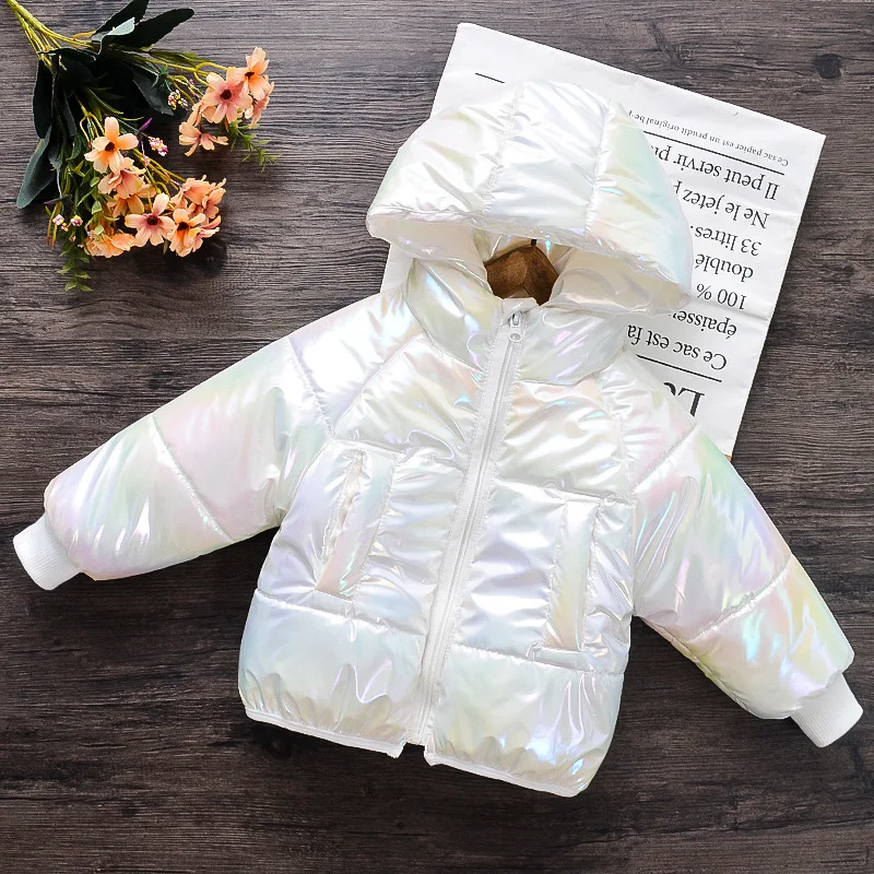 

Baby Boys Girls Zipper bright shiny thick cotton colorful bread Kids Waterproof coat snowsuit hooded jackets, Silver,white,pink