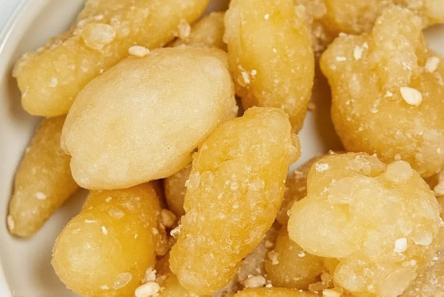 Close-up of homemade ginger crystals showing translucent pieces coated in sugar