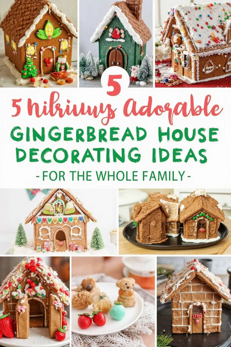 Family decorating a gingerbread house together