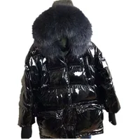 

Synthetic Top Quality Black Shiny Down Duck Coat Jacket Winter Faux Fur Coat Hood Women