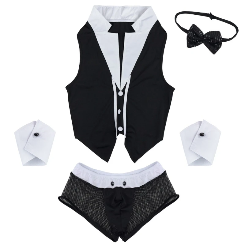 

iEFiEL Mens Butler Waiter Cosplay Costume Gay French Male Tuxedo Lingerie Sets Boxer Briefs with Collar Cuffs