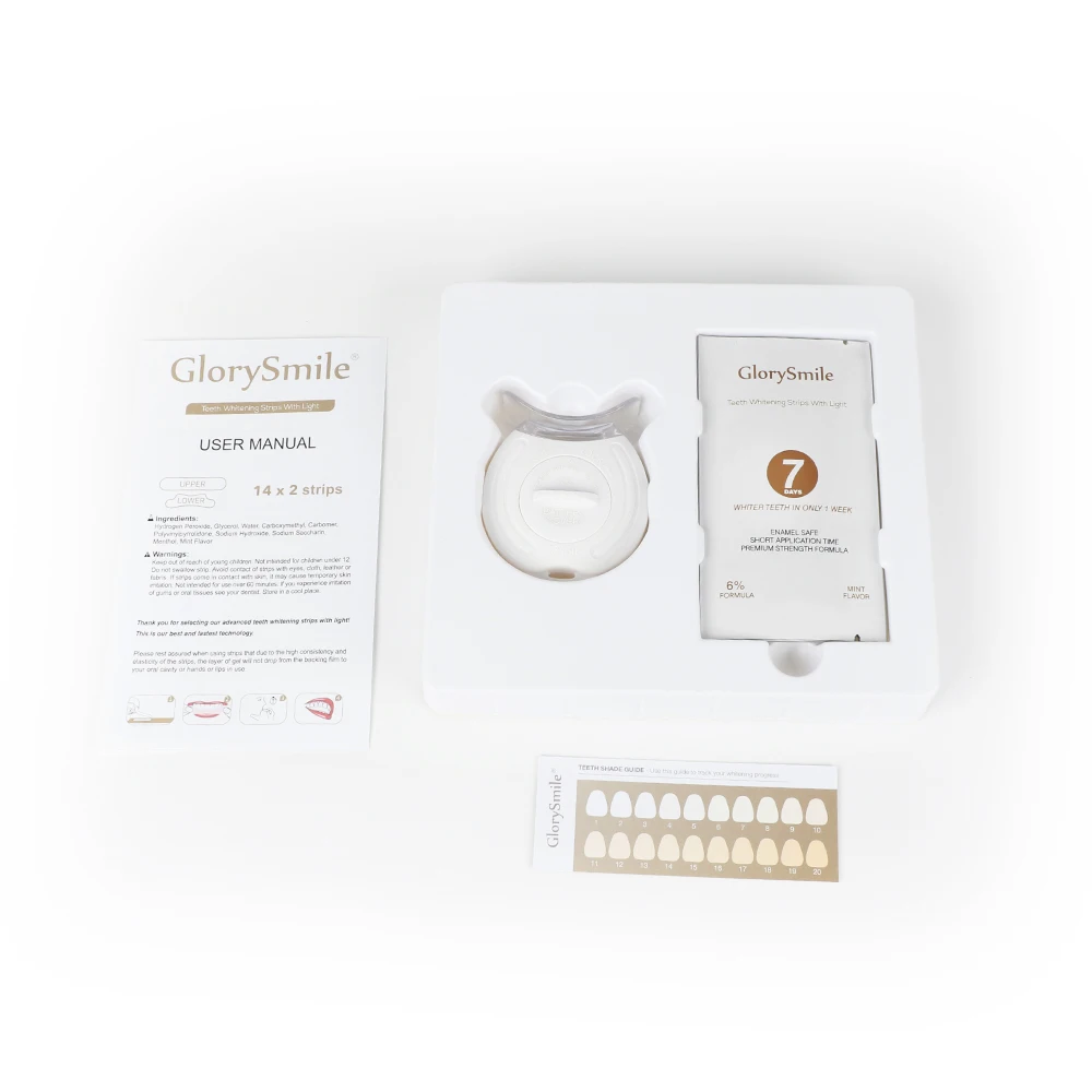 

CE approved Customize peroxide 14pouches teeth whitening dry strips kit with 5led cold light in private label