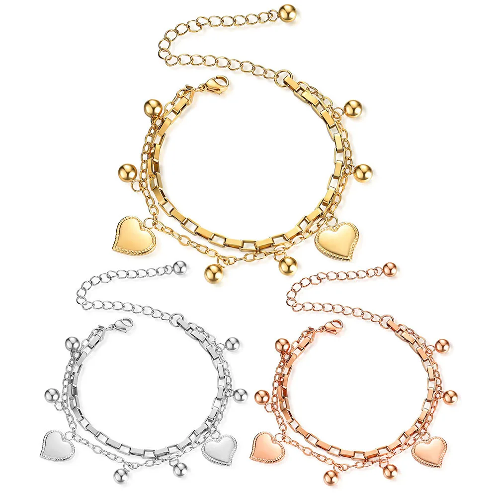 

Trendy Personality Gold Plated Heart Titanium Steel Multilayer Women's Bracelet Love Ball Stainless Steel Adjustable Bracelet, Gold ,rose gold,silver