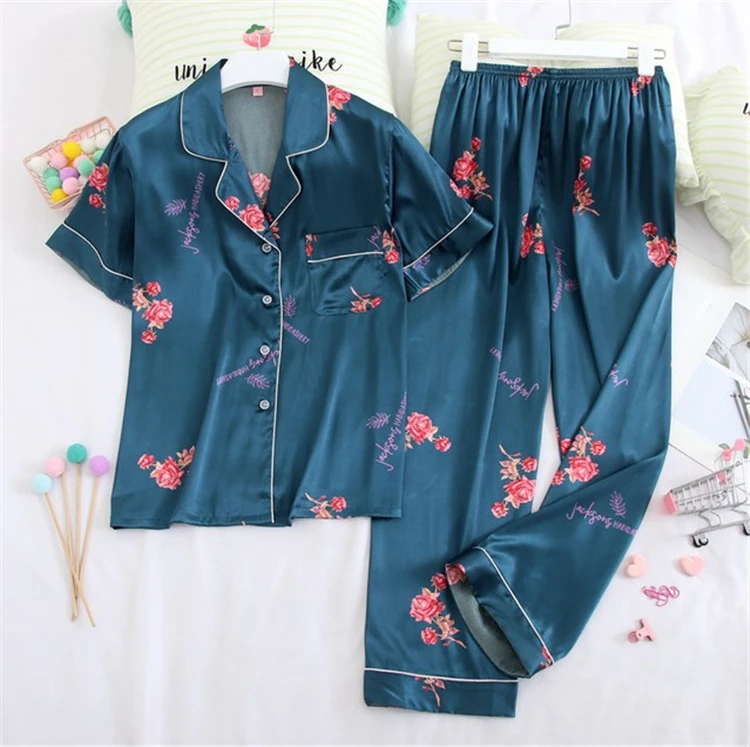 

Hotsell Silk Printing Geometric short sleeve Pajamas Sets Women Nighty For Honeymoon, As picture shows