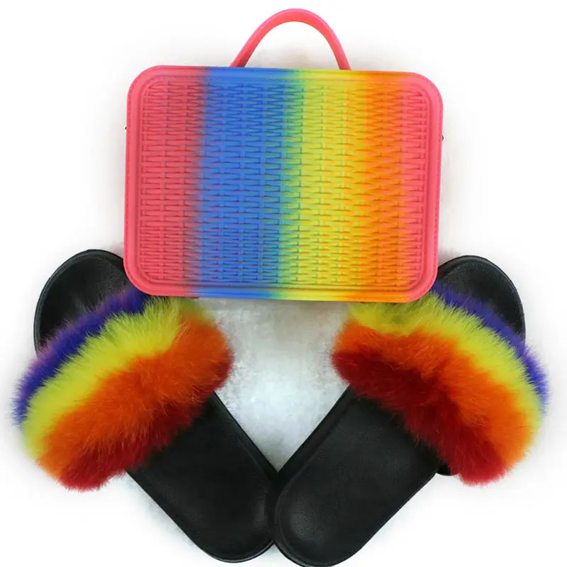 

fluffy real fox raccoon fur slipper furry fur slides for women