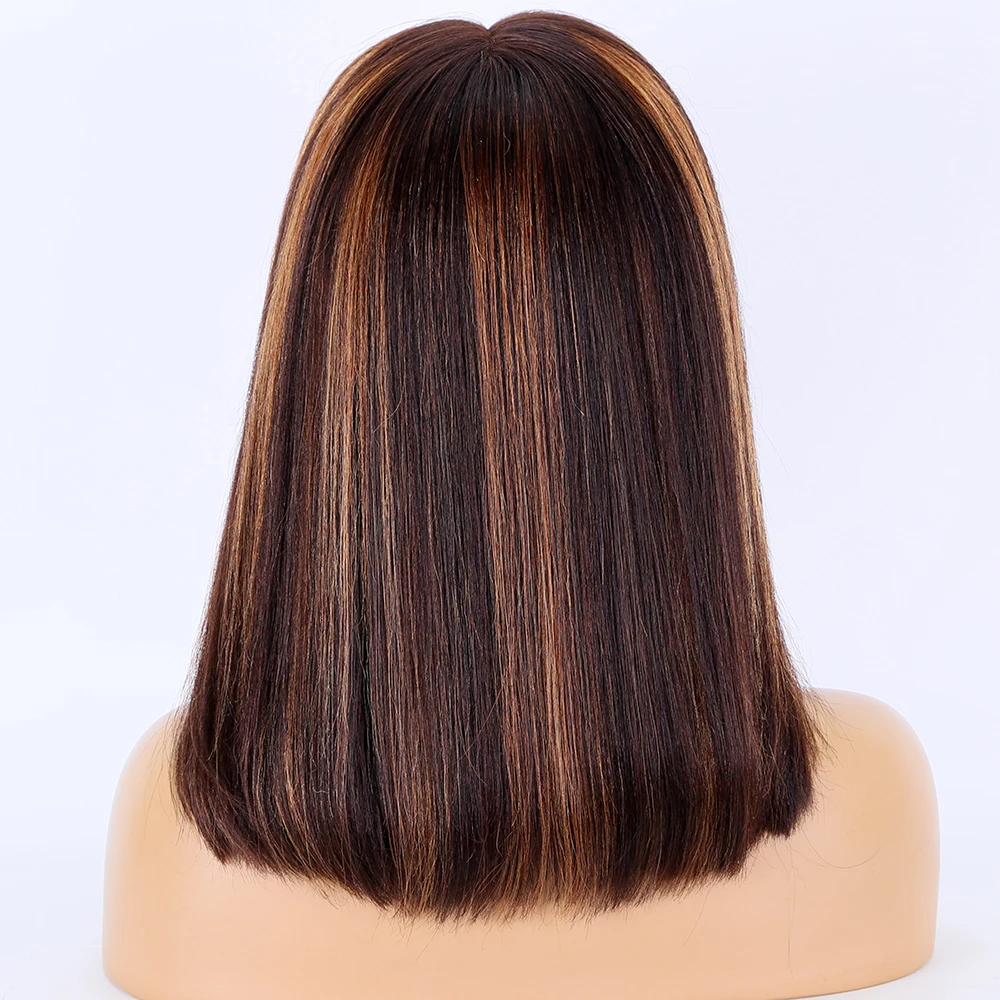 

Premier Brazilian Hair Remy Human Hair 100% Brazilian Colored Short Kinky Brown 13x6 with Blonde Highlights Bob Lace Front Wig