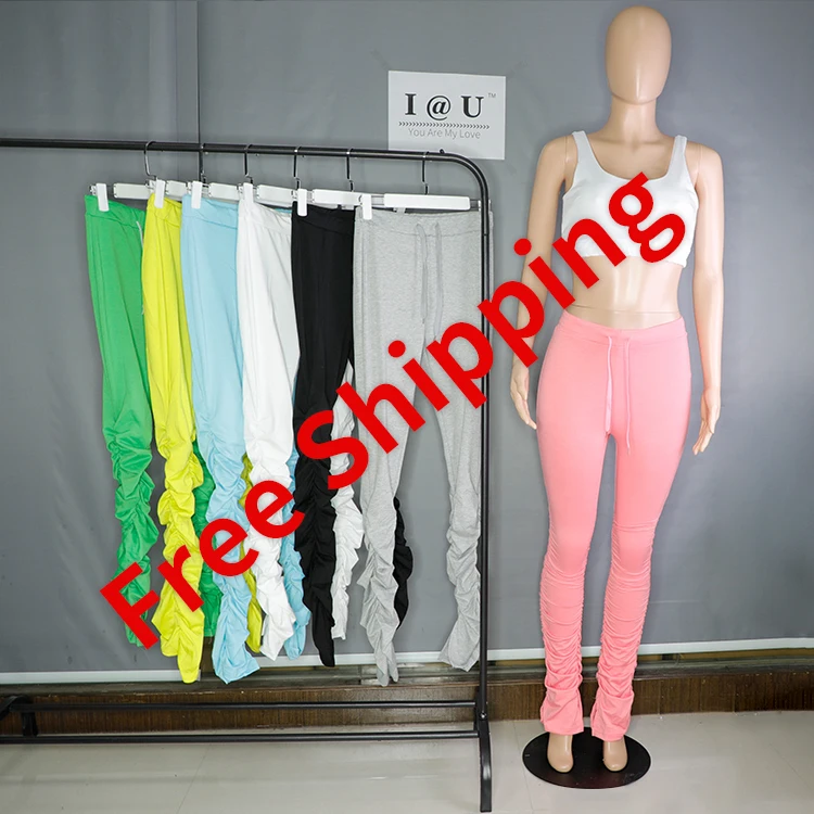 

XS-3XL 2021 summer Fashion Women Mid Waist Drawstring Tie Pleated Stacked Leggings Flared Pants, White, yellow, gray, green, black, pink, blue
