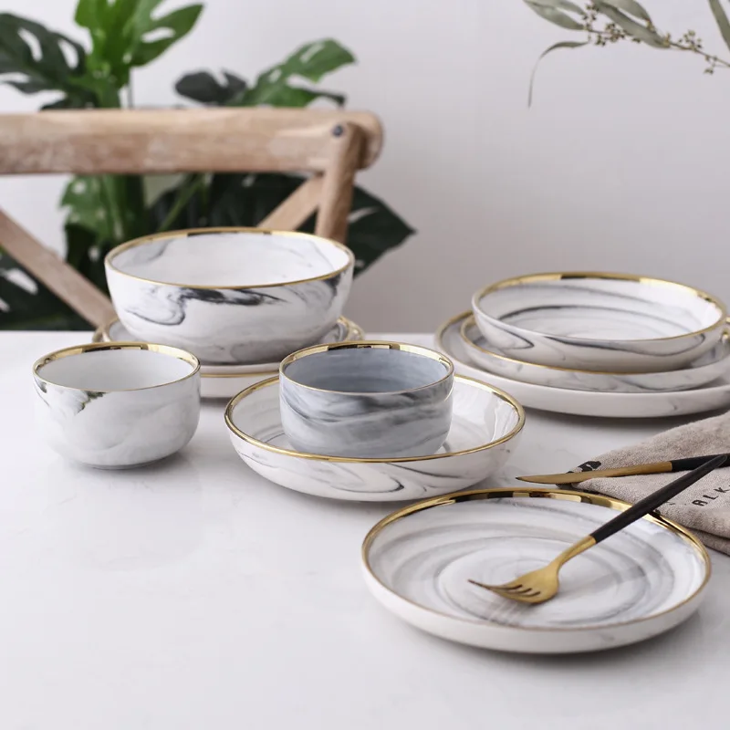 

European Style Dinnerware Custom Logo Grey Salad Soup Bowl Porcelain Charger Plate Luxury Ceramic Dinner Set With Gold Rim, Customized color