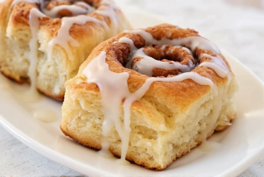 Finished pie crust cinnamon rolls with icing drizzle served on a white plate
