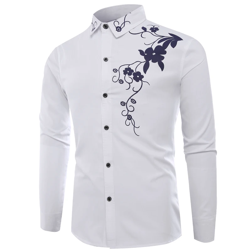 

Men's Casual Wear Bulk Clothing Printed Cotton Shirt Long Sleeve White Casual Chemise Wholesale Shirts for Men, White,blue,black