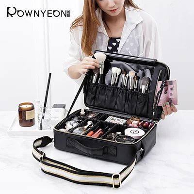 

Rownyeon High Quality Square White Makeup Brush Boxes Case Professional Beauty Bag With Strap, Black