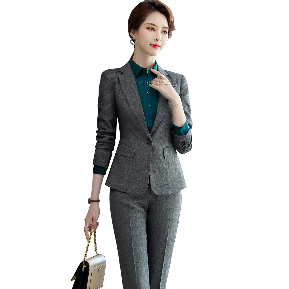 

Classic Women Solid Formal Pant Suit Work Business Wear Two Pieces Set OL Black Gray Blazer With Trousers For Office Ladies