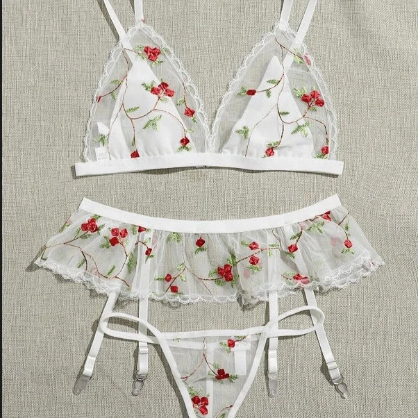 

Sfy1255 Fashion floral lace stitching women three pieces set flower embroidery with thong transparent sexy underwear