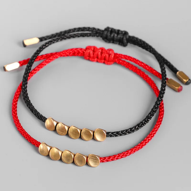 

Handmade Red Black Rope Lucky Bracelet Tibetan Buddhist Bracelet Creative Irregular Copper Beads Adjustable Bracelet (SK1334), As picture
