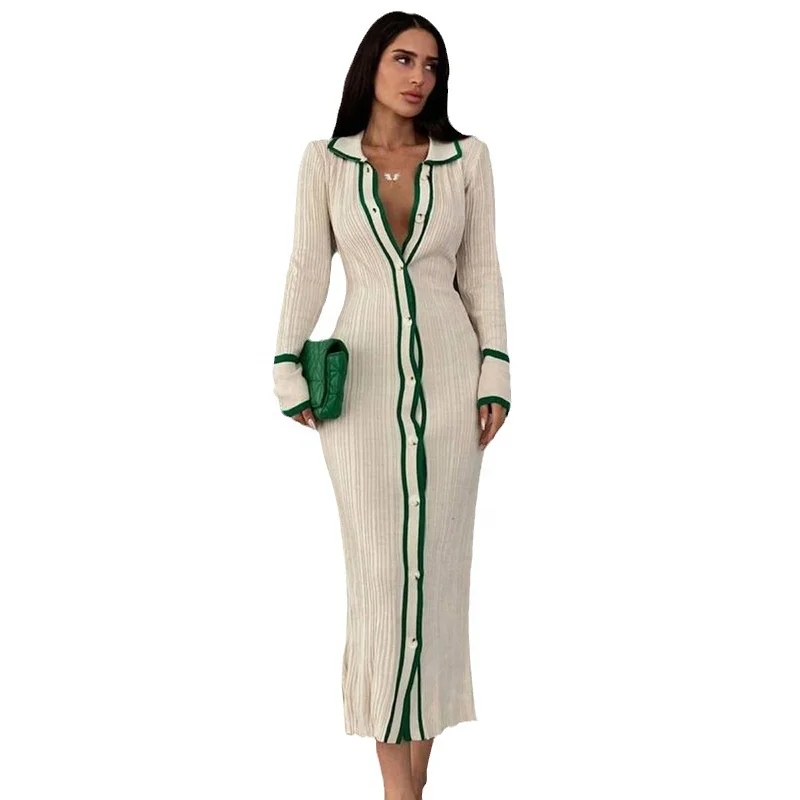 

New slim fit lapel patchwork women's long sleeved cardigan dress Knitted Women's Dress