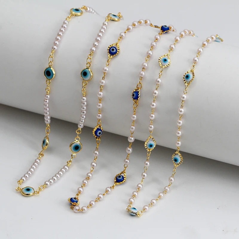 Wholesale Adjustable  Jewelry 18K Gold Plated Brass Pearl Evil Eye Charm Choker Necklace