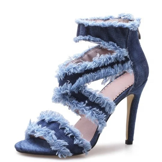 

Fashion Design Women Denim Sandals High Thin Heel Lady Party Dress Pumps Shoes Size 43 Summer Crisscross Strappy Stiletto, Blue