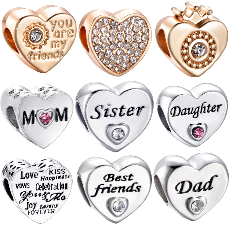 Daughter Friend Mother Gift Silver Charms Heart Beads Fits Original Pandora Charm Bracelet Necklace DIY Women Jewelry Making