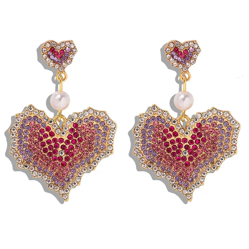 

New Luxury S925 Sterling Silver Post Pink Crystal Heart Earring Rhinestone Statement Love Heart Drop Earring For Girl