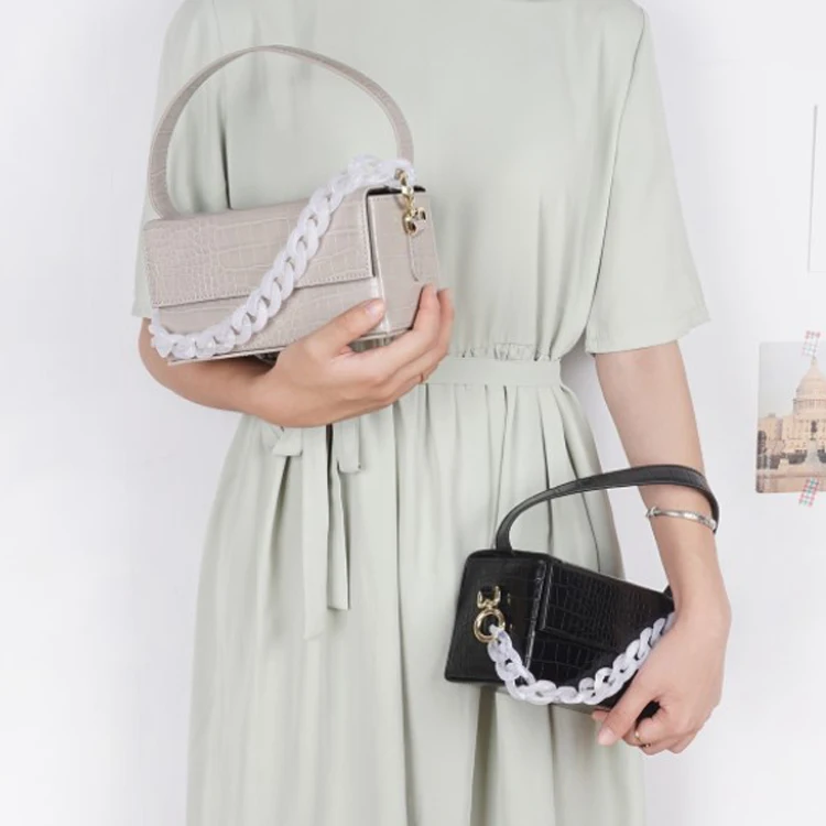 

new design acrylic chain top handle box bag croc skin pattern leather lady cross body shoulder bag, Black/white/tan/gray/cyan