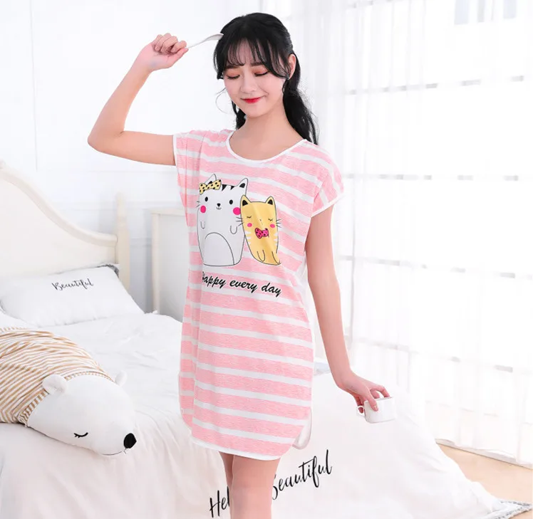 

Summer milk silk sleepwear skirt women short sleeve round neck cartoon cute printing pajamas, Many colors