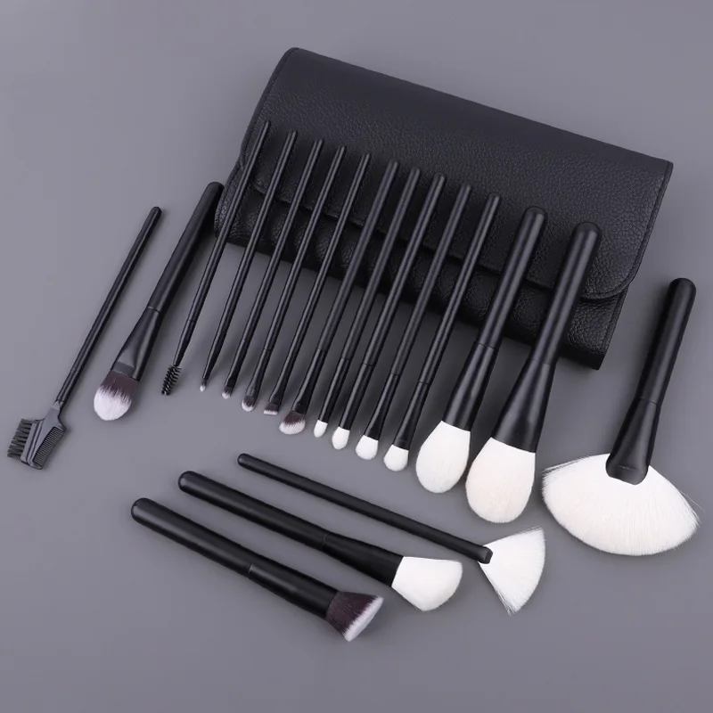 

High Quality full Wood Handle Makeup Brush Set with Pu Leather Bag, Black