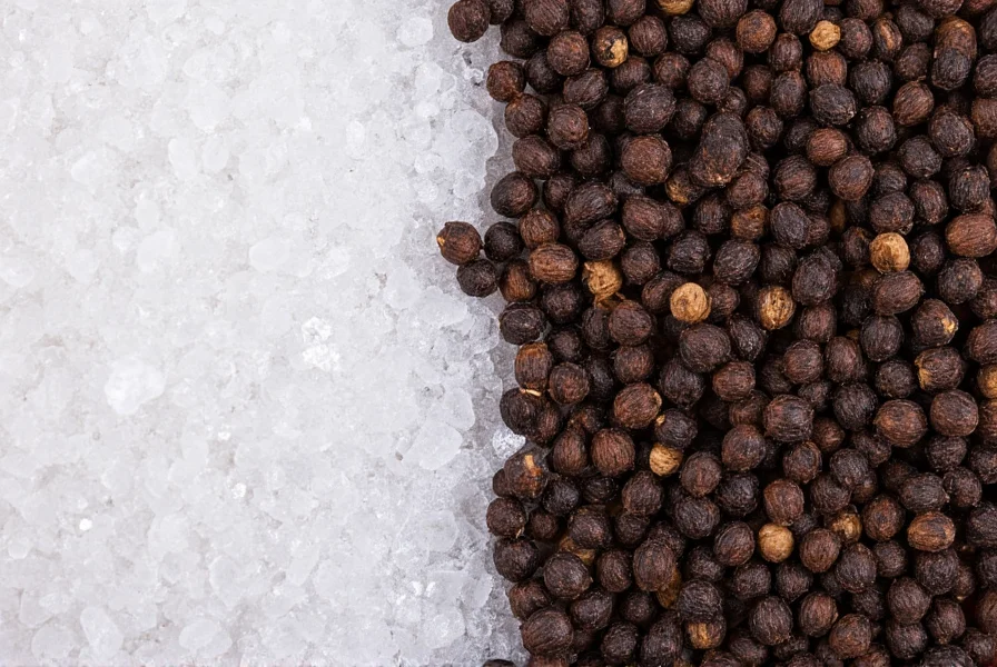 Close-up view of salt crystals and black pepper grains side by side showing their distinct physical properties