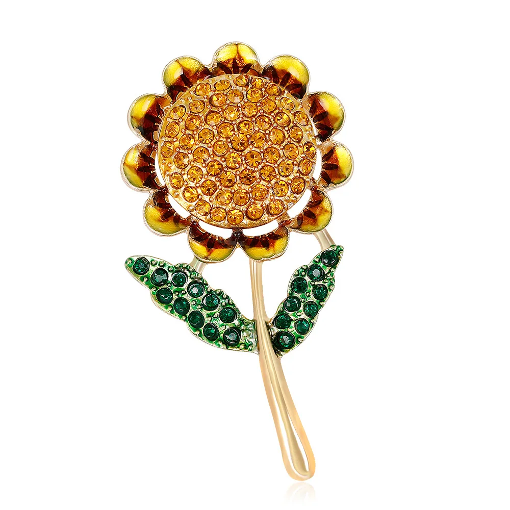 

Full Yellow Crystal Sunflower Brooches For Women Men Alloy Yellow Green Enamel Flower Weddings Banquet Party Brooch