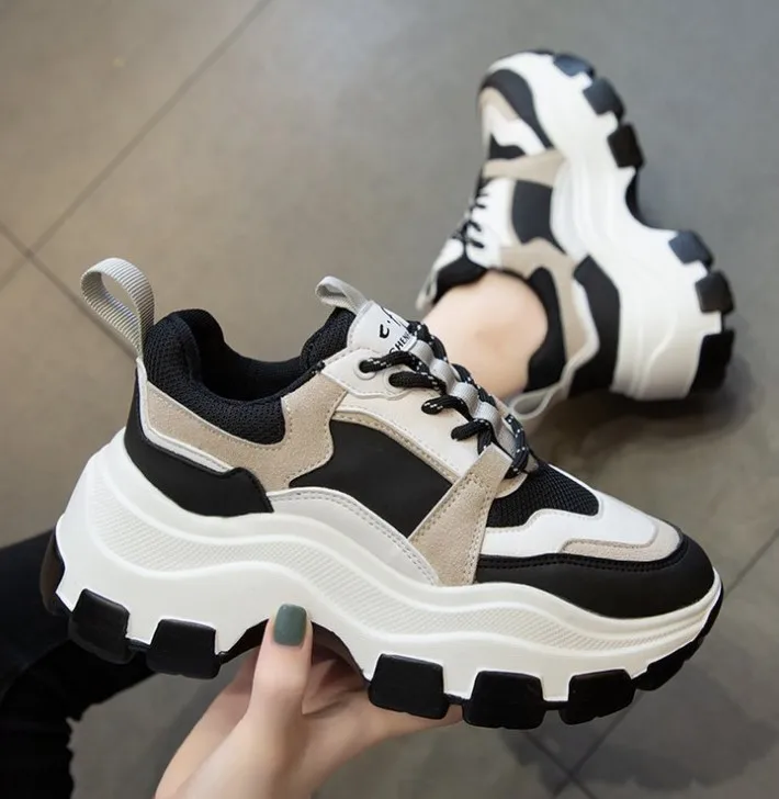 

Women Chunky Sneakers Vulcanize Shoes Korean Fashion New Female Black White Platform Thick Sole Running Casual Shoe Woman 7cm, White,black,all black,black add velet