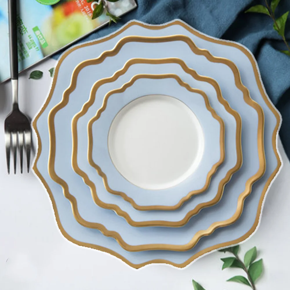 

Hot sale blue and white sun flower dinner dish plate ceramics charger plates with gold rim for wedding party hotel, As shown