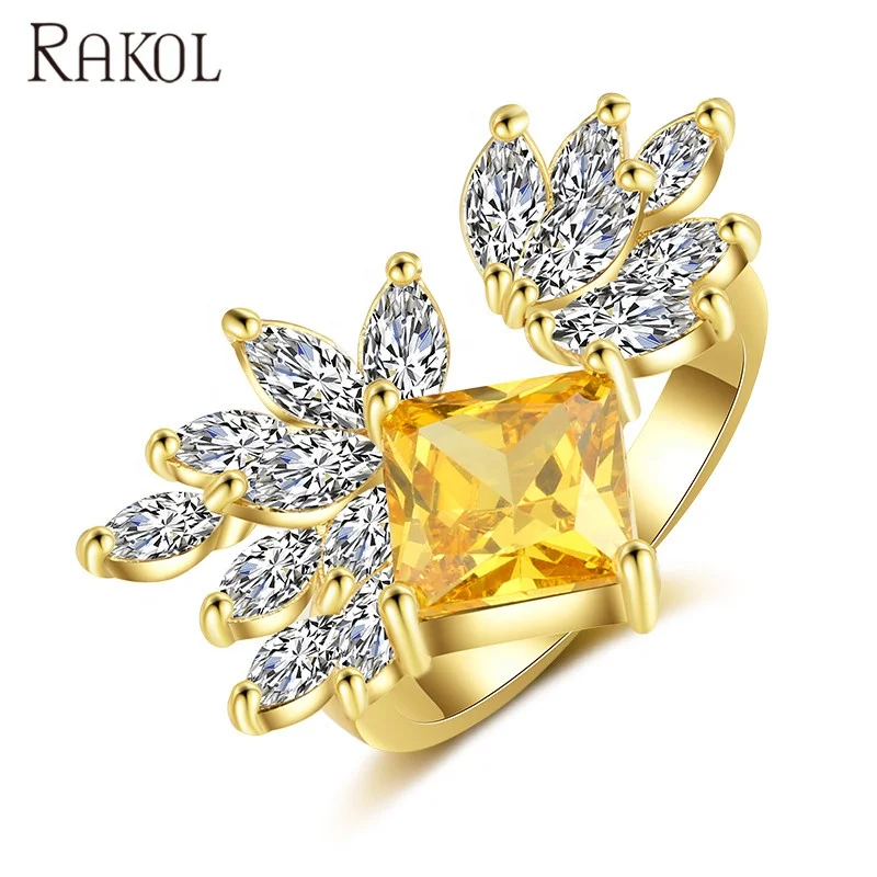

RAKOL RP2109 Newest Square diamond adjustable ring CZ crystal ring 2021 Real gold plated jewelry, Picture shows