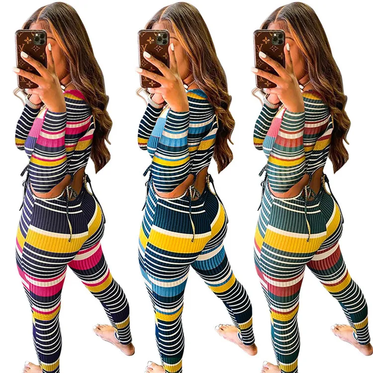 

Rainbow color striped jumpsuit sexy hollow out full sleeve bodycon glam one piece jumpsuit