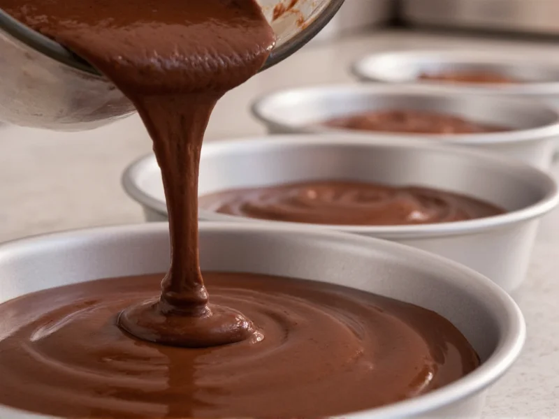 Chocolate cake batter being poured into cake pans