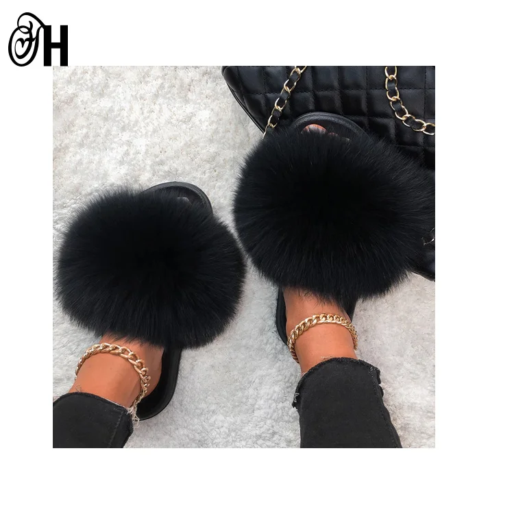 

Custom Logo Wholesale Real Fox Fur Racoon Dog Sandals Slides Fur Shoe Slides Mommy And Me Fur slide Sets, Customized color
