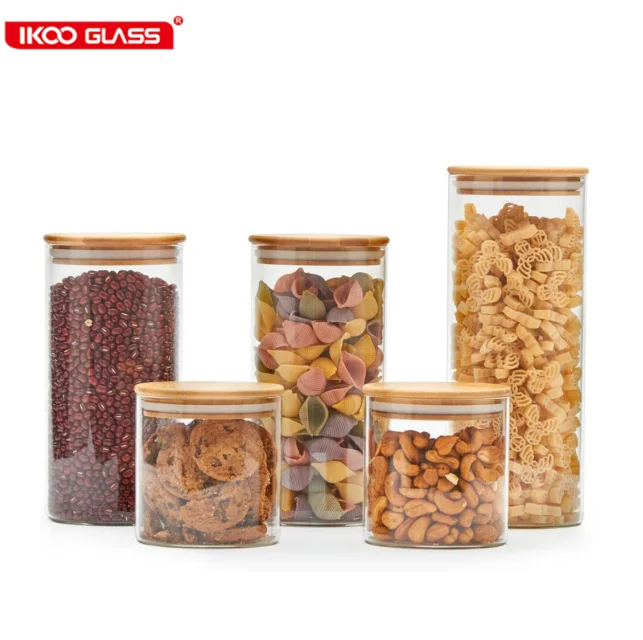 

5 Piece Clear Glass Jars Air Tight Canister Kitchen Food Storage Container Set with Natural Bamboo Lids for Candy