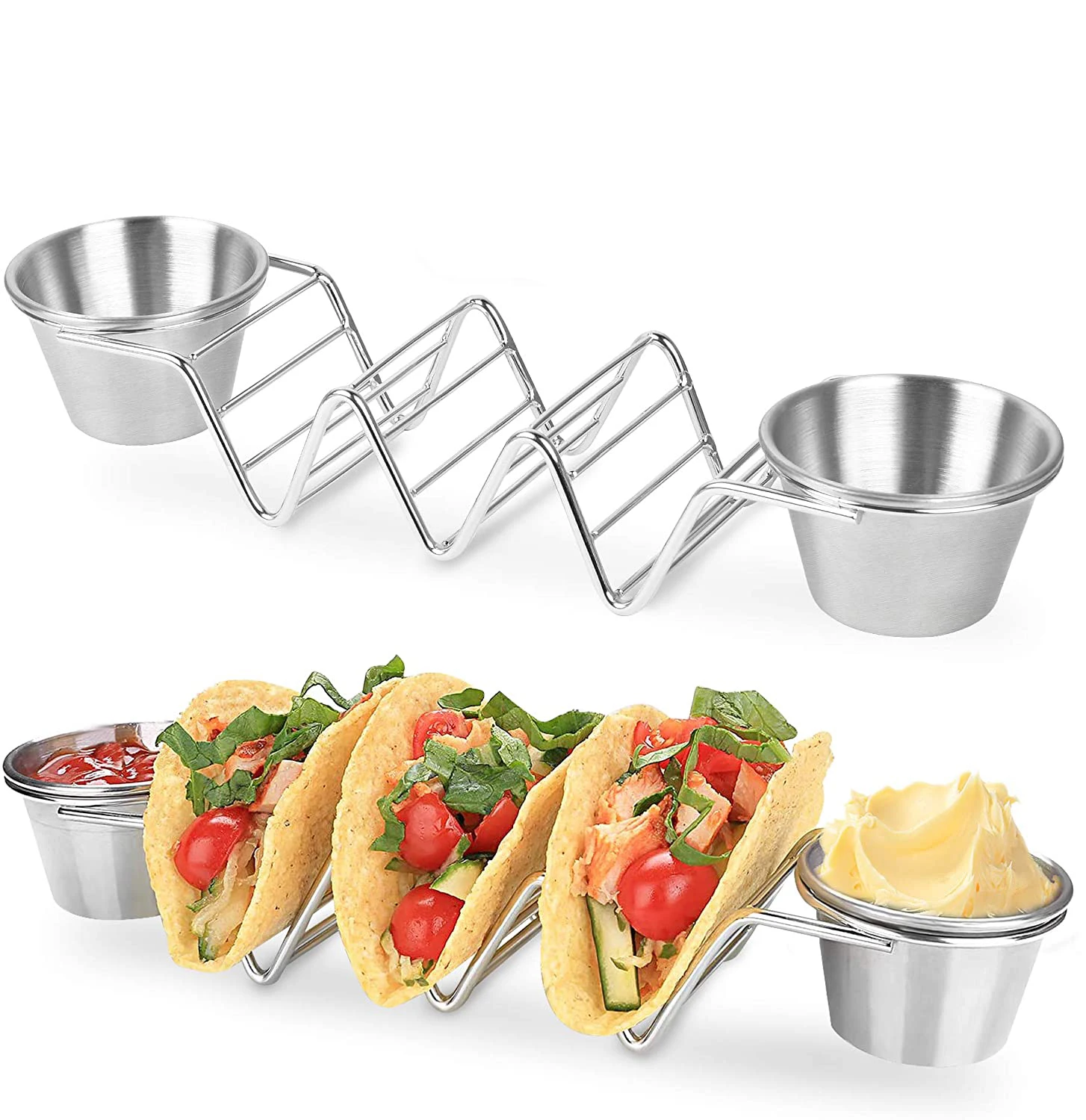 

Premium Taco Truck Tray Style Mexican Food Stainless Steel Taco Holder Stand With Plate, Silver