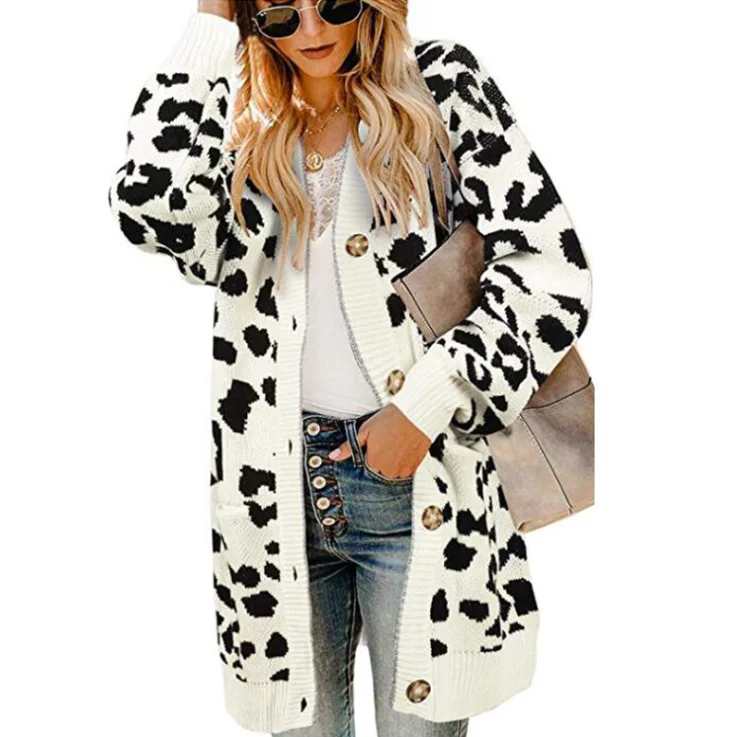 

2021 New Knitted Sweater Women Loose Mid-Length Lantern Sleeve Button Leopard Print Cardigan Sweater Knit Jacket with Pockets, Picture
