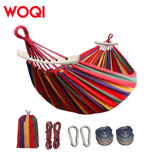 WOQI Portable Polyester Cotton Striped Hammock for Camping Hiking Outdoor Camping & Garden Terrace Use Single Hammock with Rope