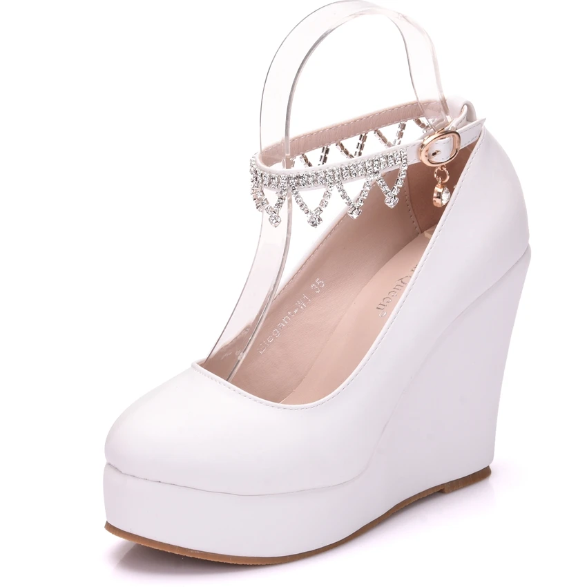 

White Ankle Strap Rhinestone Tassel Chain Round Toe Platform Wedge Pumps High Heels Wedge Shoes Women Bridal Shoes