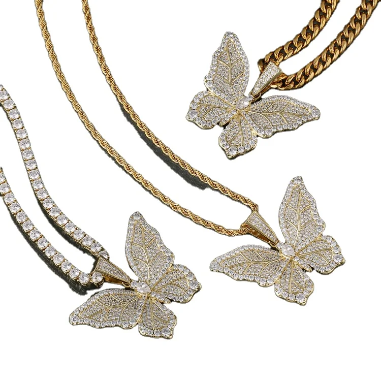 

Butterfly Necklace Pave Iced Out CZ Cubic Diamond Butterfly Pendant Gold Plated Crystal Small White