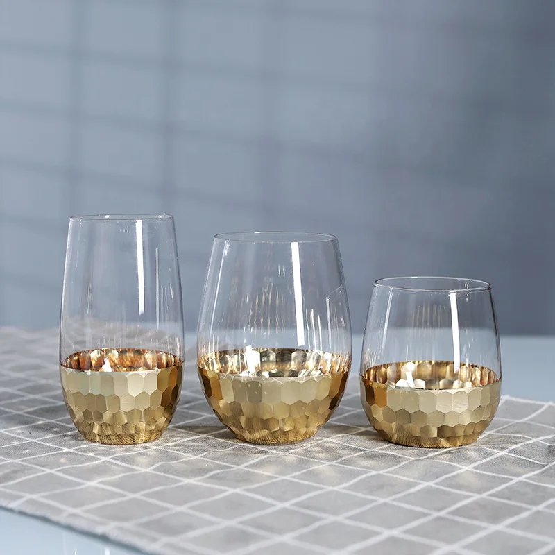 

Custom Handblown Laser Engraving Hammered Gold Glitter Drinking Tumbler Stemless Wine Glass, Clear