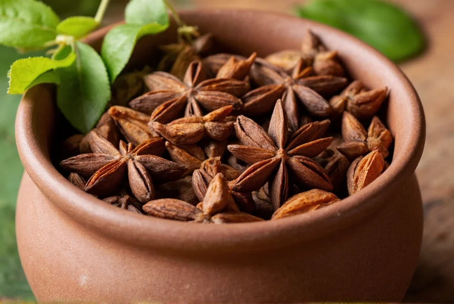 Close-up of star anise pods on Vietnamese ceramic bowl
