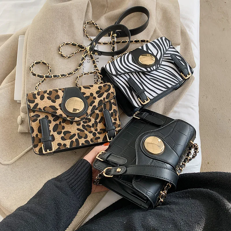 

Personality Leopard Pu Leather Shoulder Bags Lady Crossbody Chain Handbags Girl Fashion Sling Bags