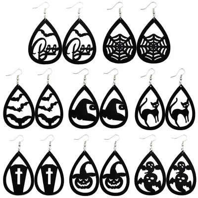 

New Arrival Hot Style Good Quality Halloween Leather Horror Ghost Spider Web Pumpkin Hollow Personality Jewelry Earrings Trendy
