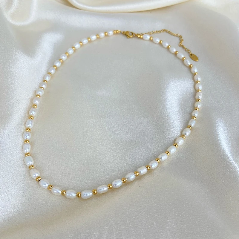 Fashion Jewelry Baroque Freshwater Pearl Collar Chain Natural Millet Ball Spacing Stainless Steel Gold Plated Bead Necklace